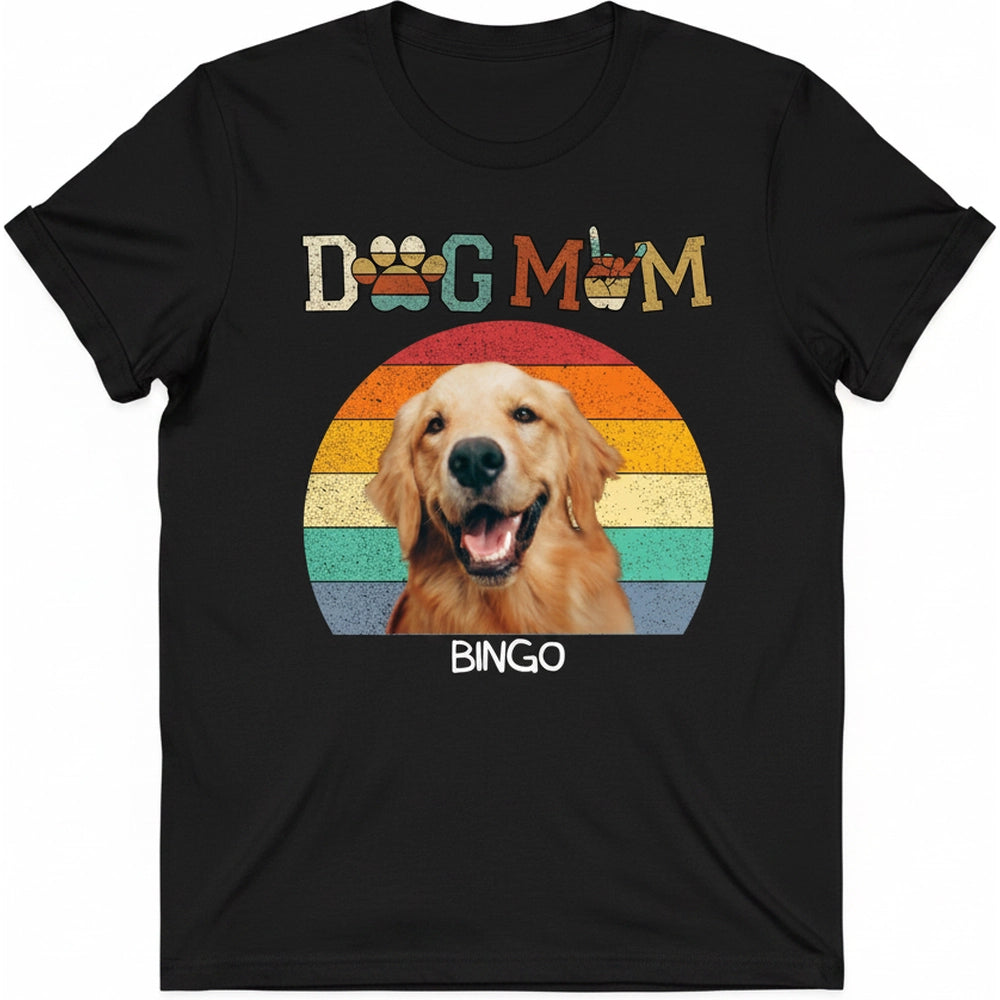 Custom Photo Upload T-Shirt with Dog Mom Retro Sunset Design product on white background