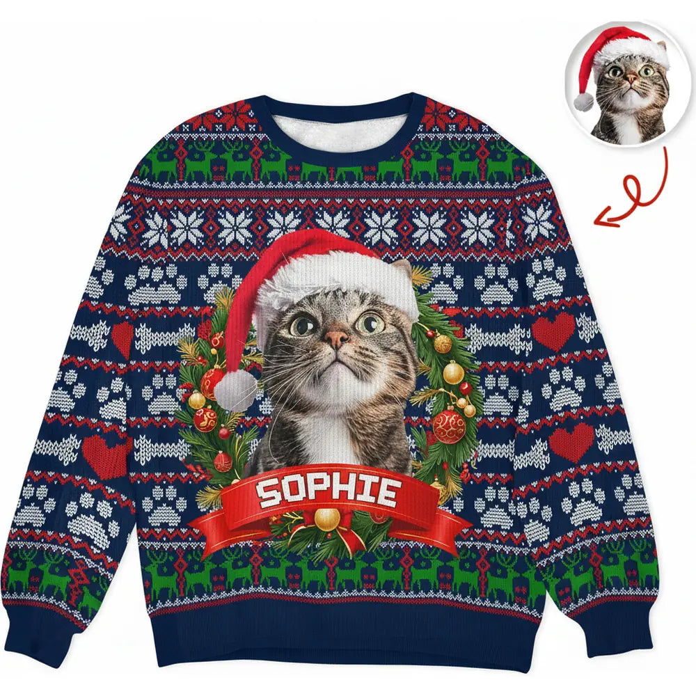 Custom Photo Upload Cat Christmas Ugly Sweater with Fair Isle Pattern product on white background