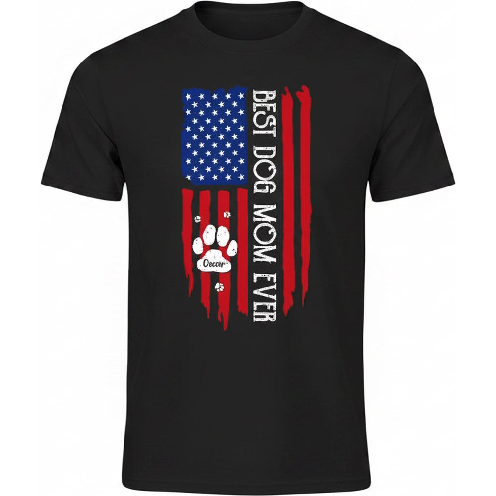 Custom Personalized T-Shirt with American Flag and Best Dog Mom Ever product on white background
