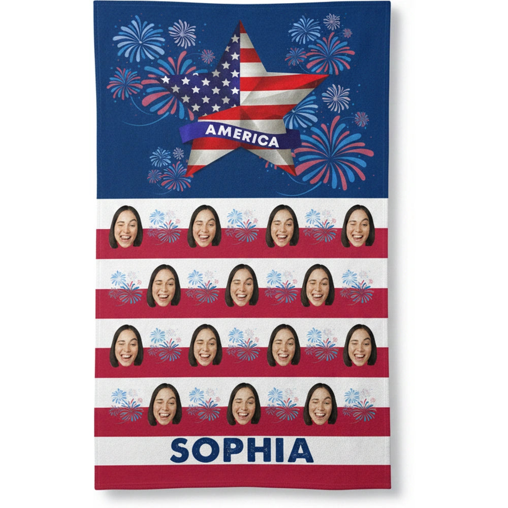 Custom Photo Upload Beach Towel with American Flag Star & Fireworks product on white background