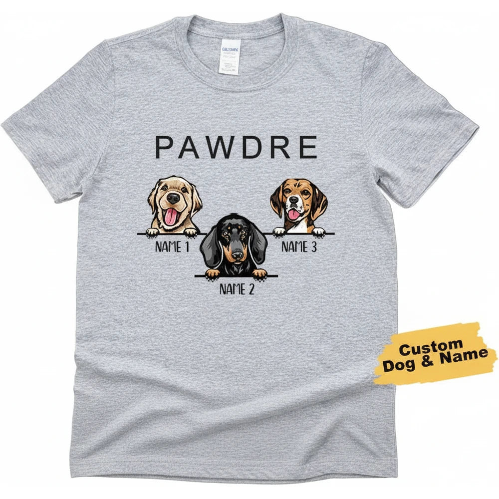 Custom Personalized Dog T-Shirt with PAWDRE Text and Three Dogs product on white background