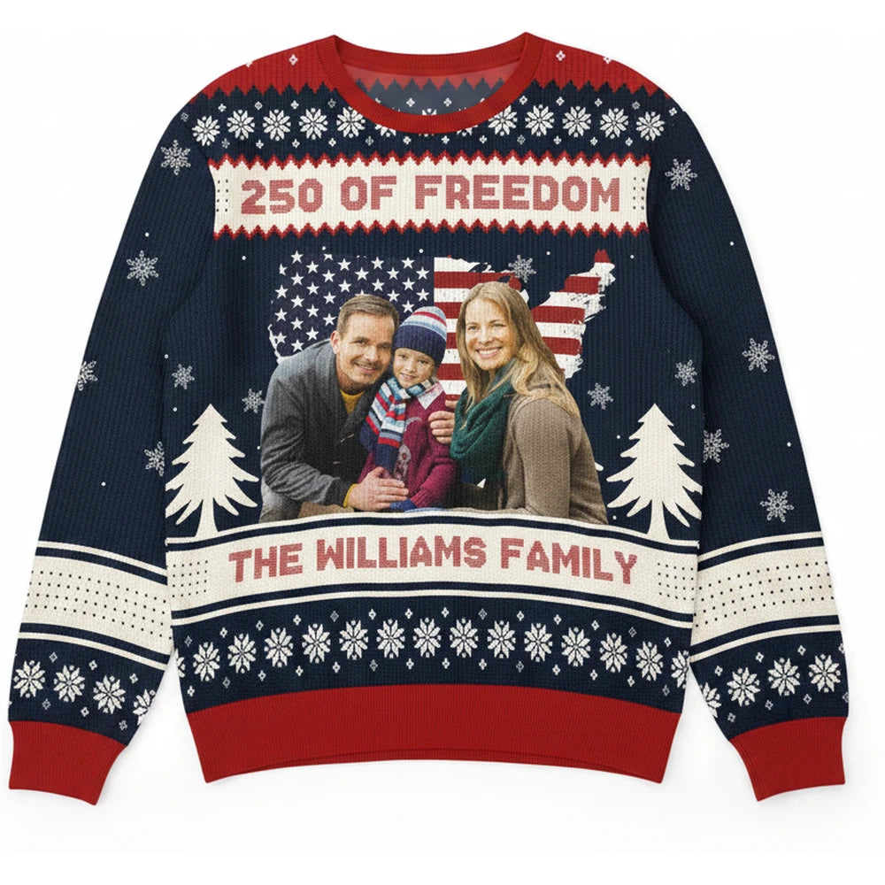 Custom Photo Upload Sweater with 250 OF FREEDOM & American Flag product on white background