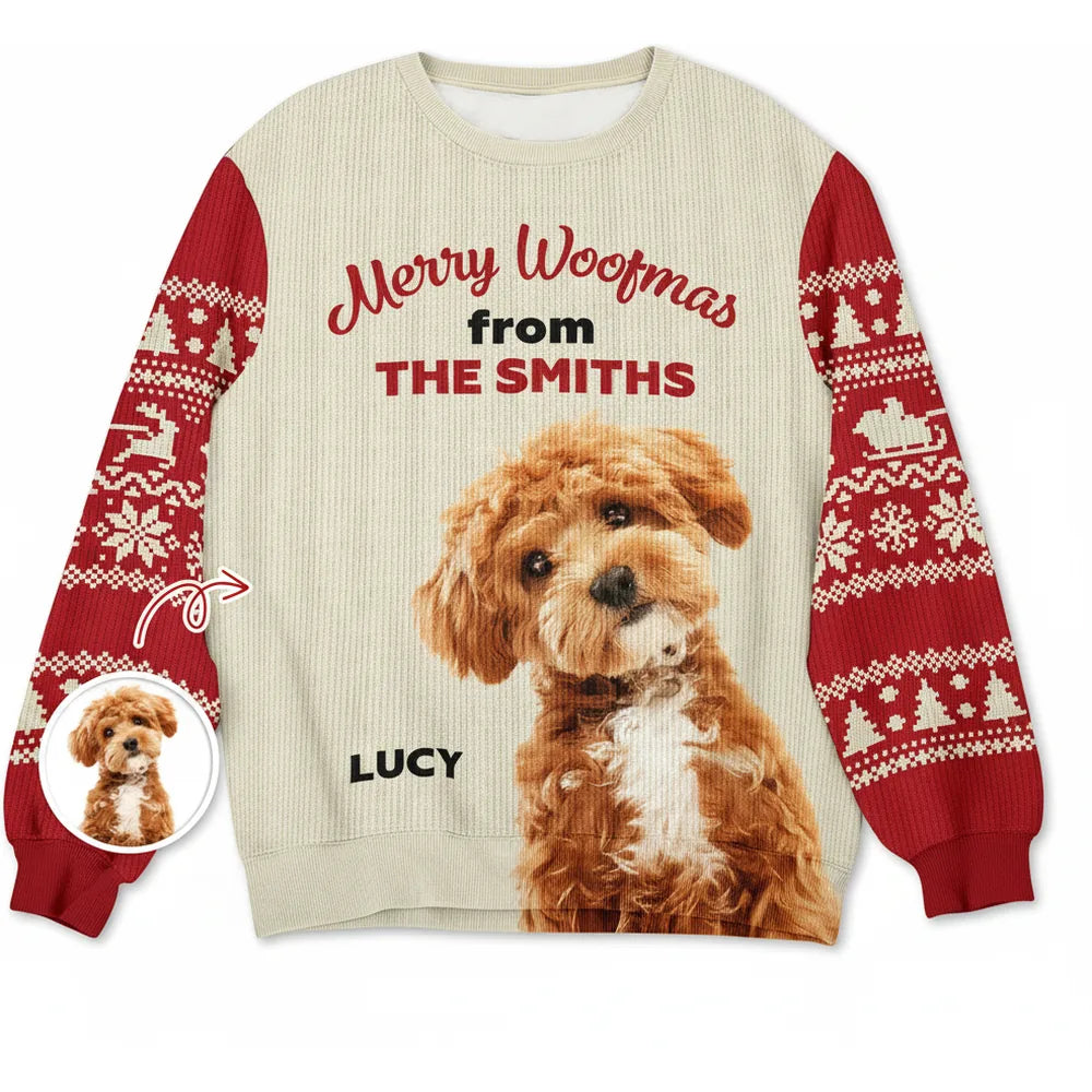 Custom Photo Upload Merry Woofmas Sweater with Fair Isle Sleeves product on white background