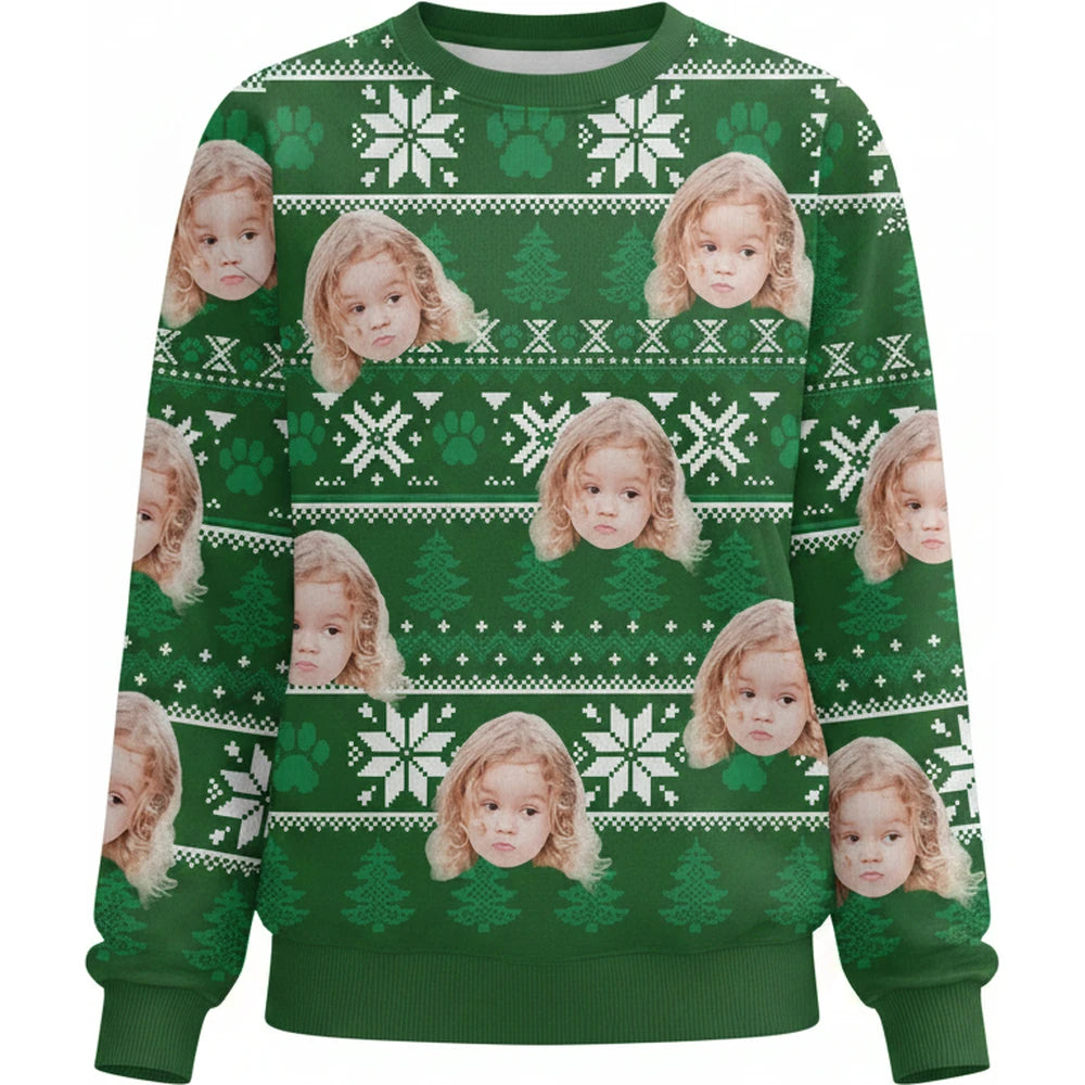 Custom Photo Upload Green Ugly Christmas Sweater with Snowflakes product on white background