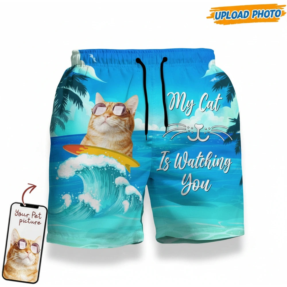 Custom Photo Upload Beach Shorts - My Cat Is Watching You Ocean Design product on