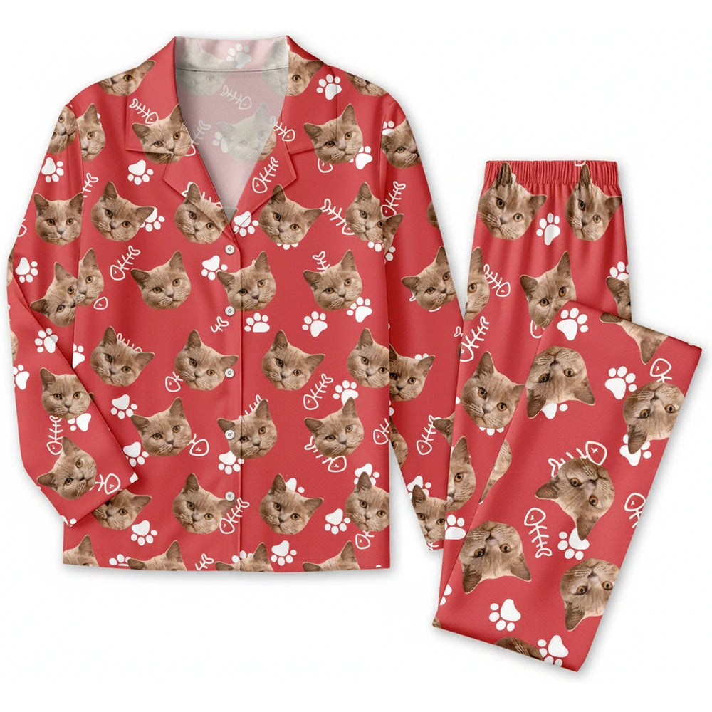 Custom Photo Upload Pajamas with Cat Faces and Paw Prints product on white background