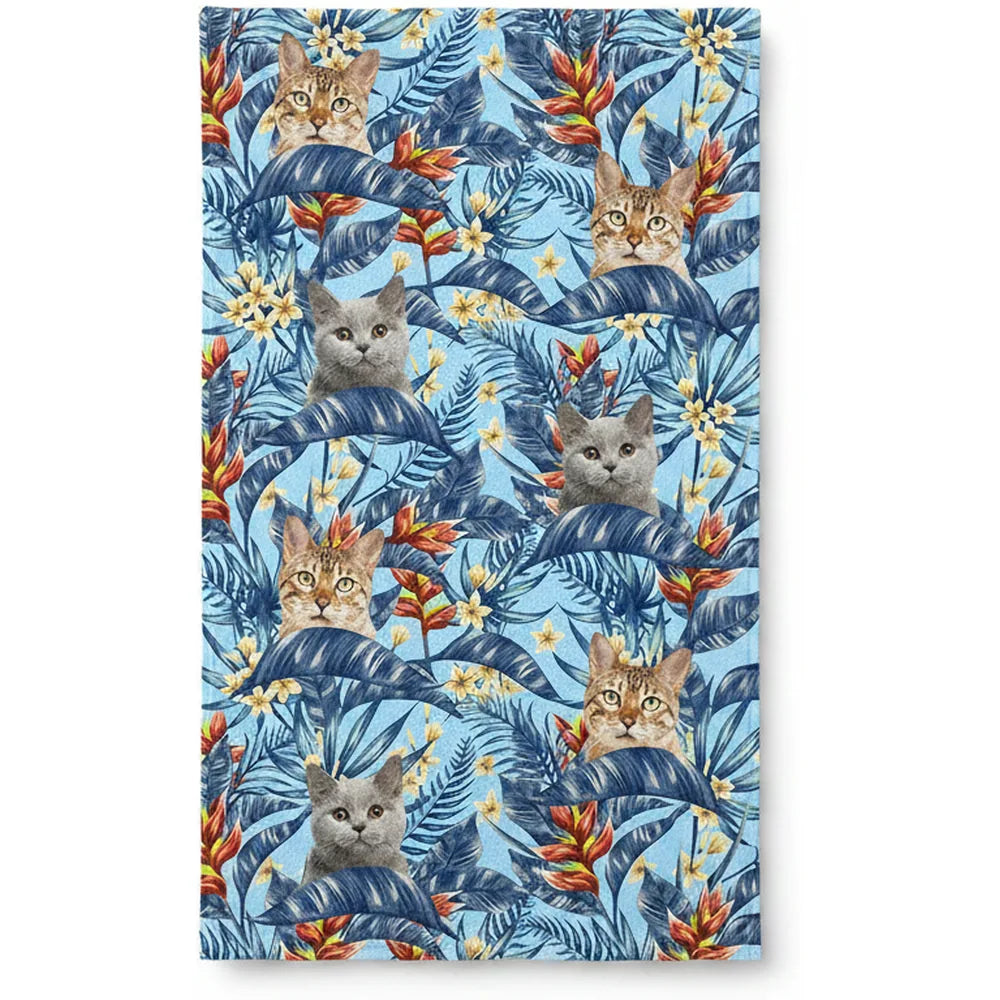 Custom Photo Upload Beach Towel with Tropical Leaves & Cat Faces product on white background