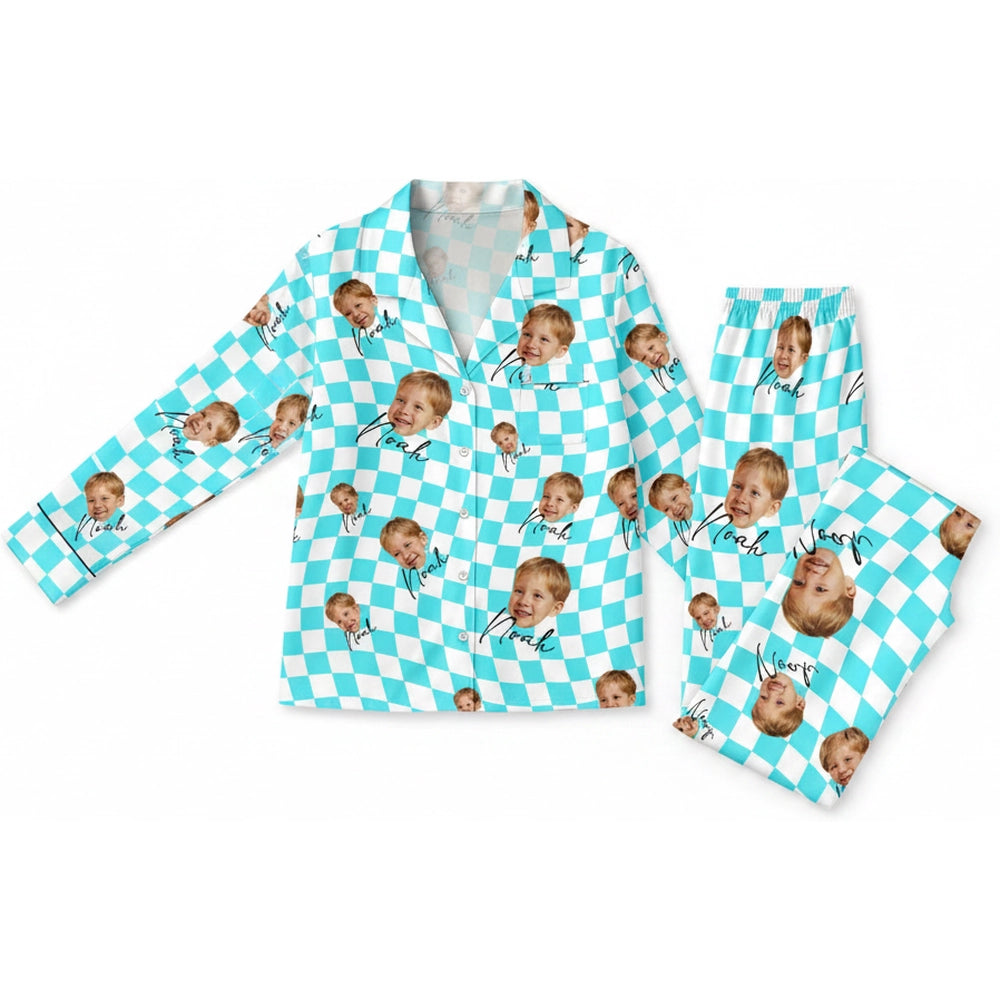 Custom Photo Upload Pajamas with Turquoise Checkered Pattern product on white background