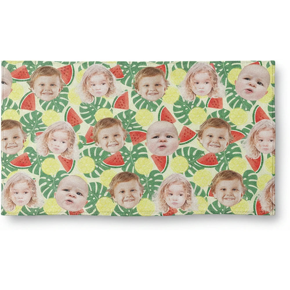 Custom Photo Upload Beach Towel with Tropical Fruit & Palm Leaves product on white background