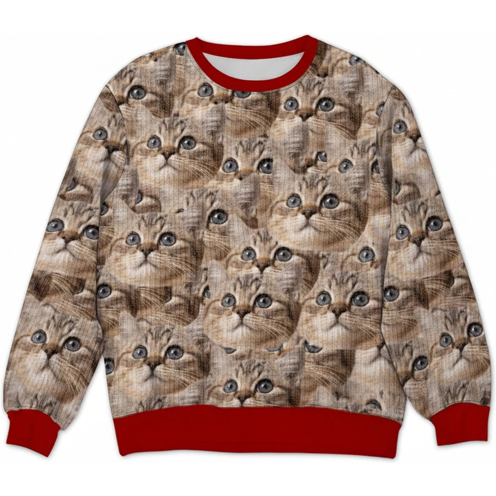 Custom Photo Upload Sweater with Cute Cat Faces Pattern product on white background