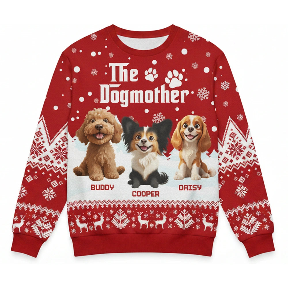 Custom Photo The Dogmother Sweater with Snowflakes & Dogs product on white background
