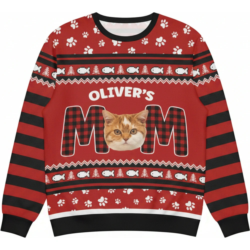 Custom Photo Upload Sweater with Cat Mom and Buffalo Plaid Pattern product on white background