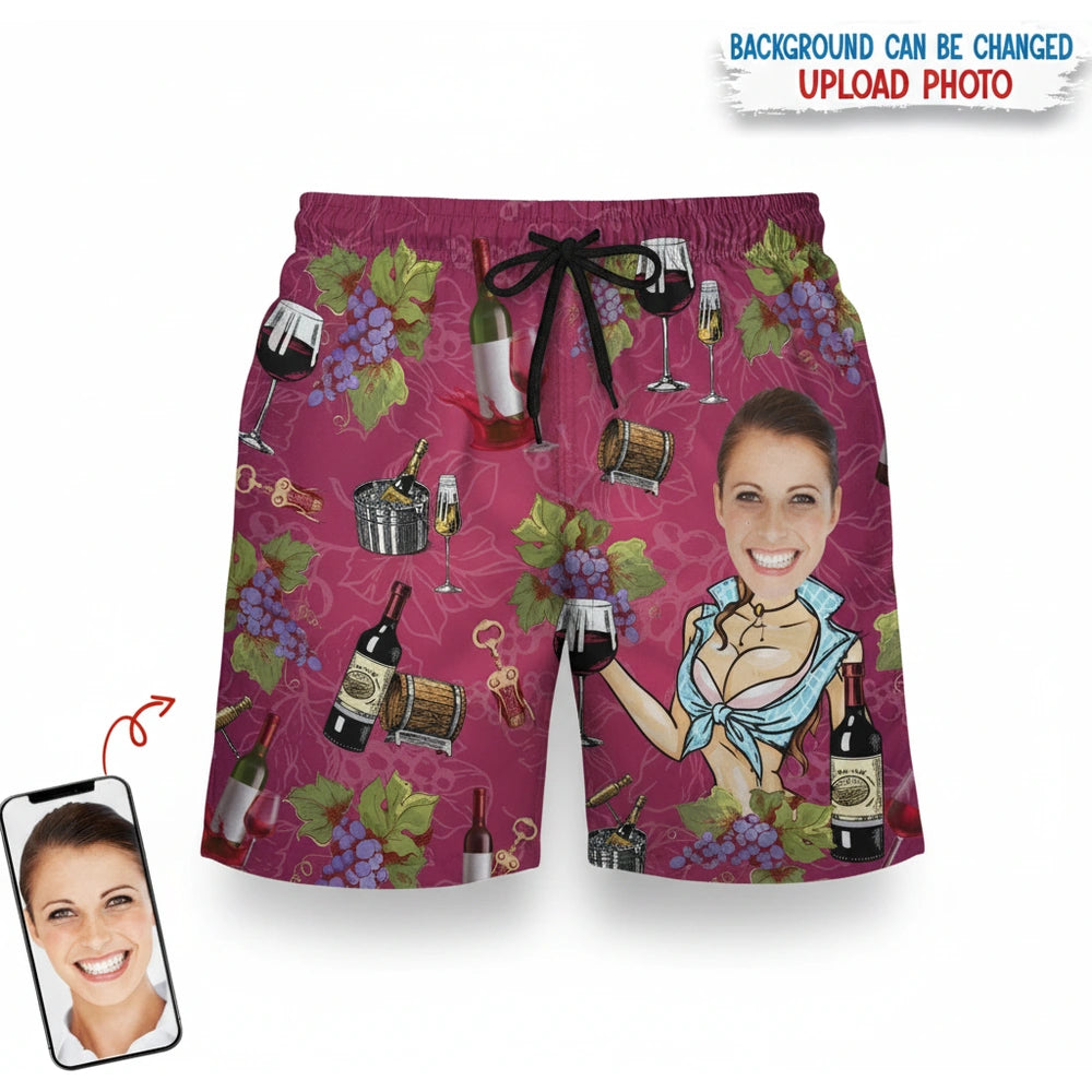 Custom Photo Upload Beach Shorts with Wine Bottles & Grapes product on white background