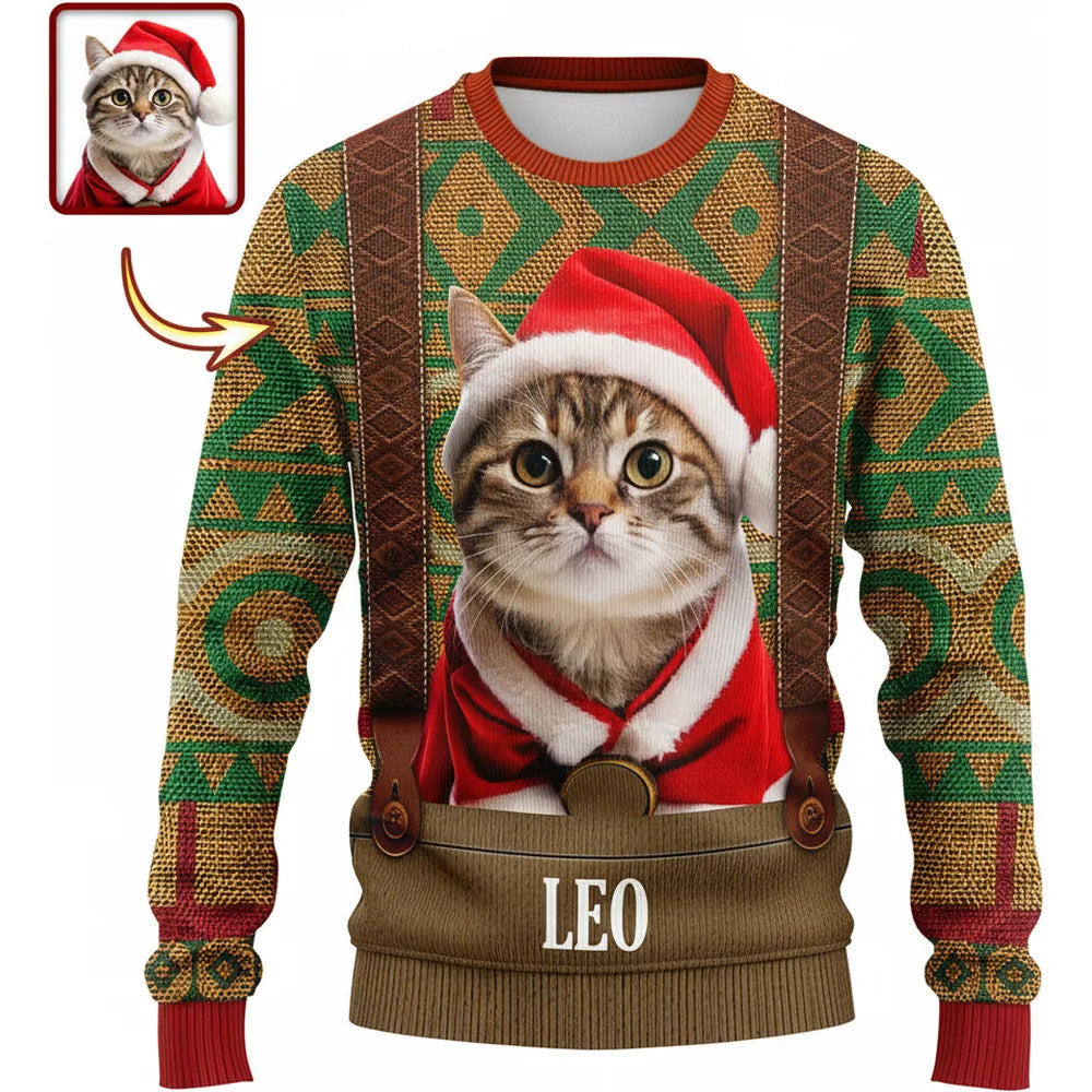 Custom Photo Upload Santa Cat Sweater with Festive Knit Pattern product on white background