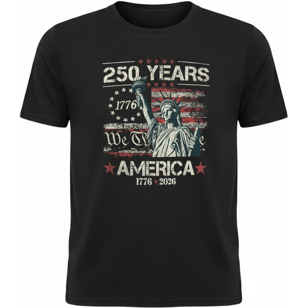 Custom Photo T-Shirt with Statue of Liberty & American Flag 250 Years product on white
