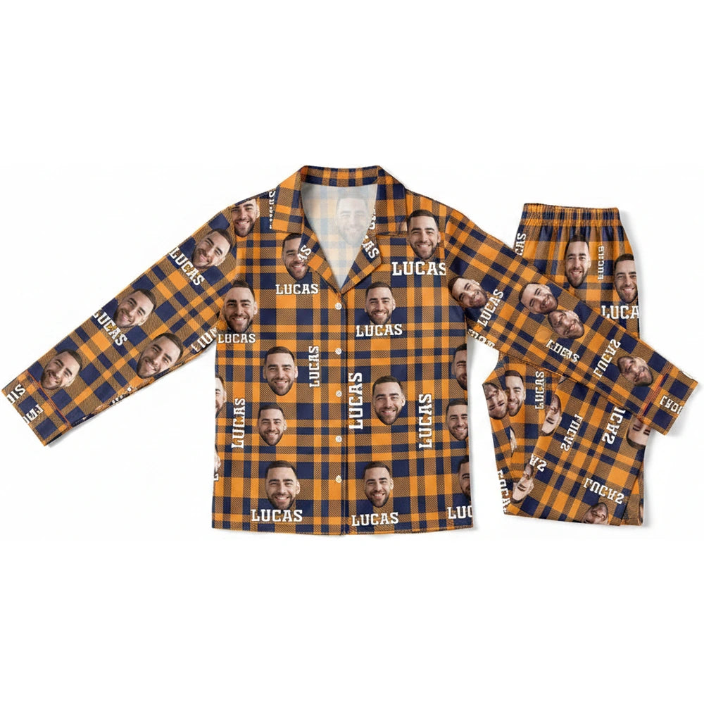 Custom Photo Upload Orange Plaid Pajamas product on white background