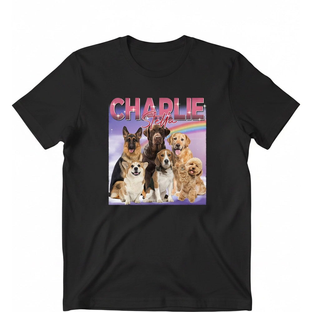 Custom Photo Upload T-Shirt with Rainbow and Dog Collage product on white background