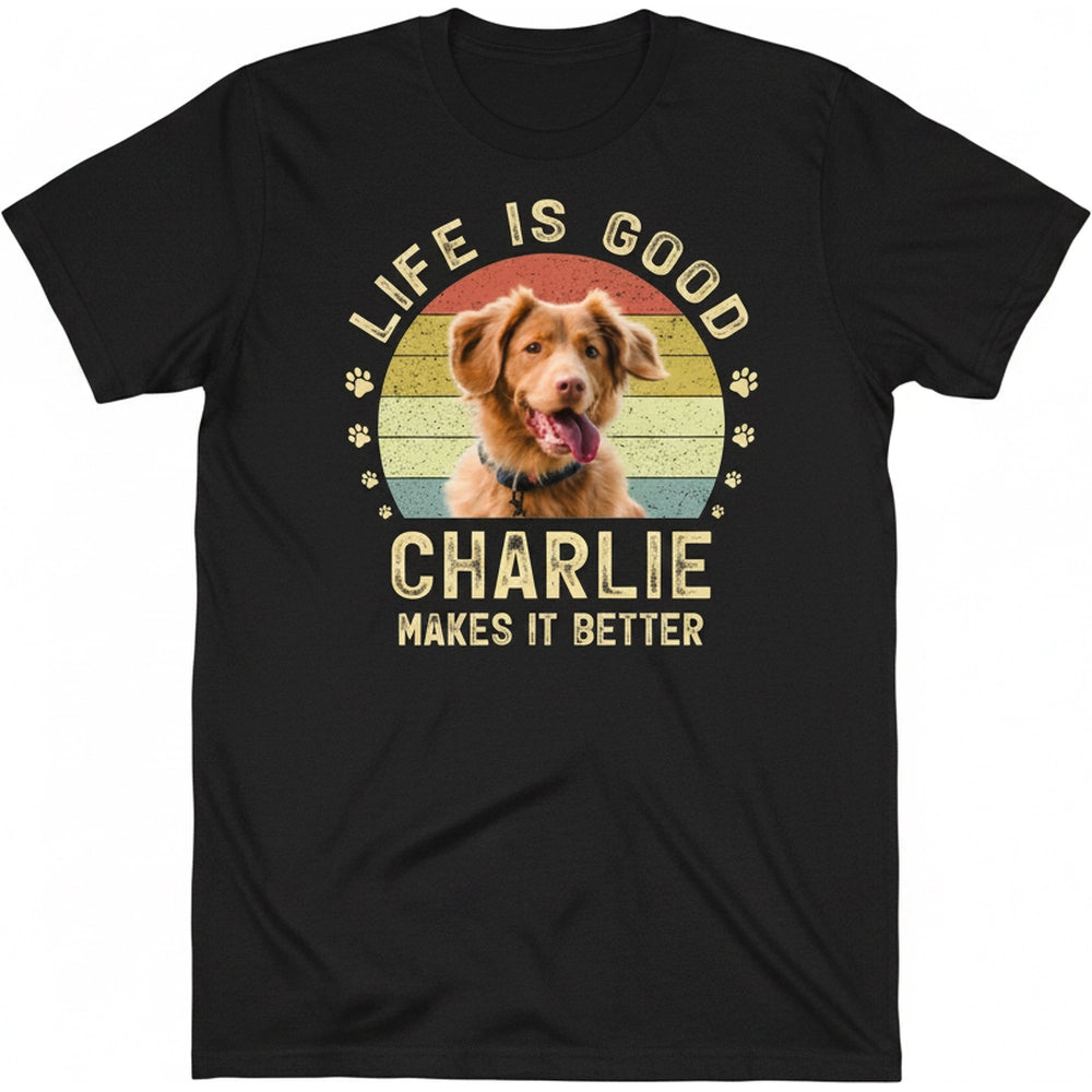 Custom Photo Upload T-Shirt Life Is Good Retro Sunset & Paw Prints product on white