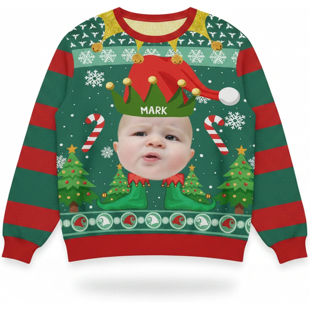 Custom Photo Upload Elf Sweater with Candy Canes & Snowflakes product on white background