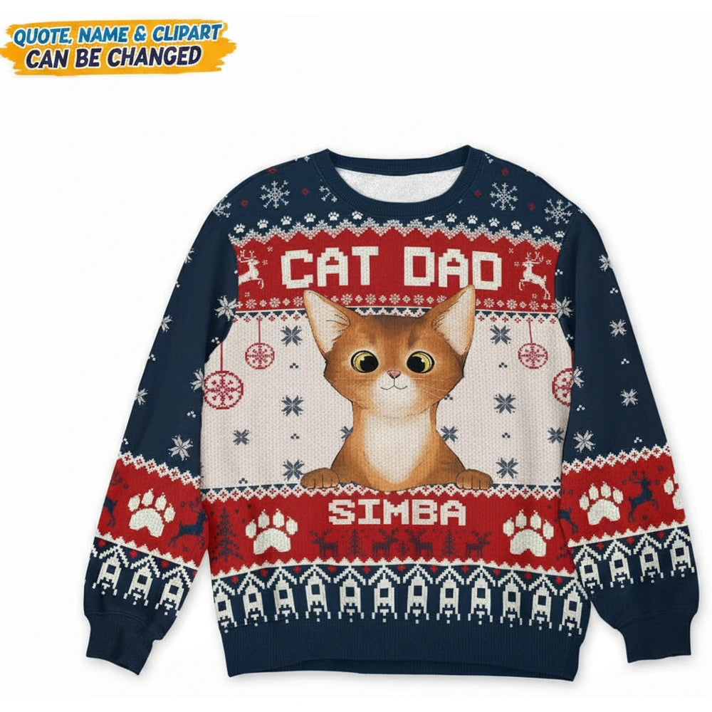 Custom Personalized Cat Dad Ugly Christmas Sweater with Photo Upload product on white background