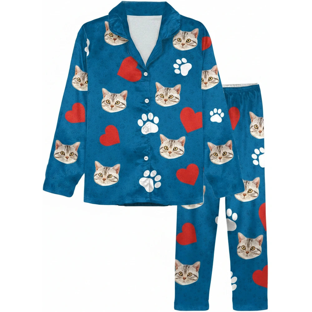 Custom Photo Upload Pajamas with Cat Faces Hearts & Paw Prints product on white background
