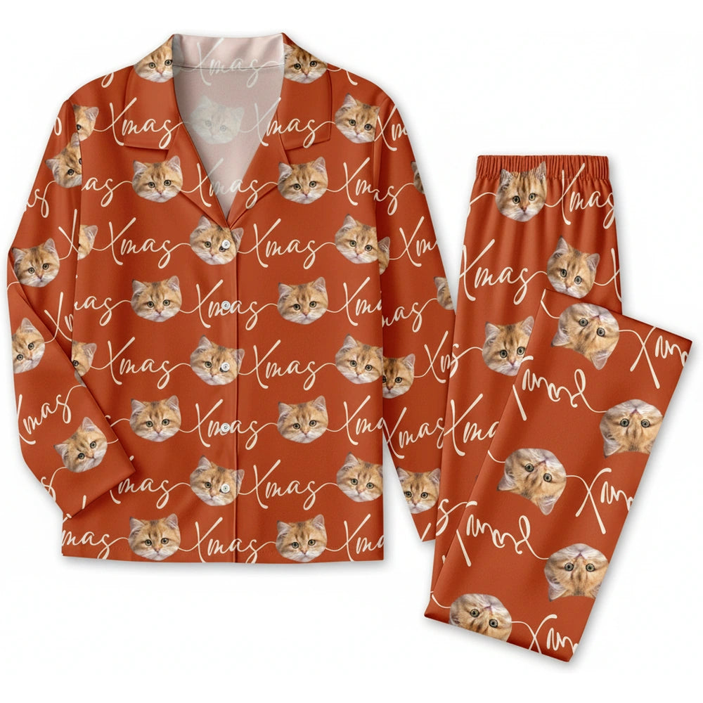 Custom Photo Upload Pajamas with Cat Faces and Xmas Text product on white background