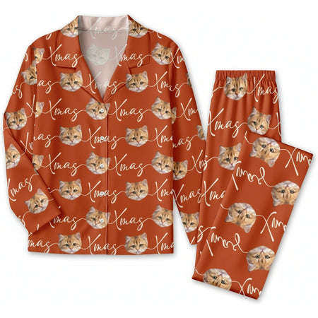 Custom Photo Upload Pajamas with Cat Faces and Xmas Text product on white background