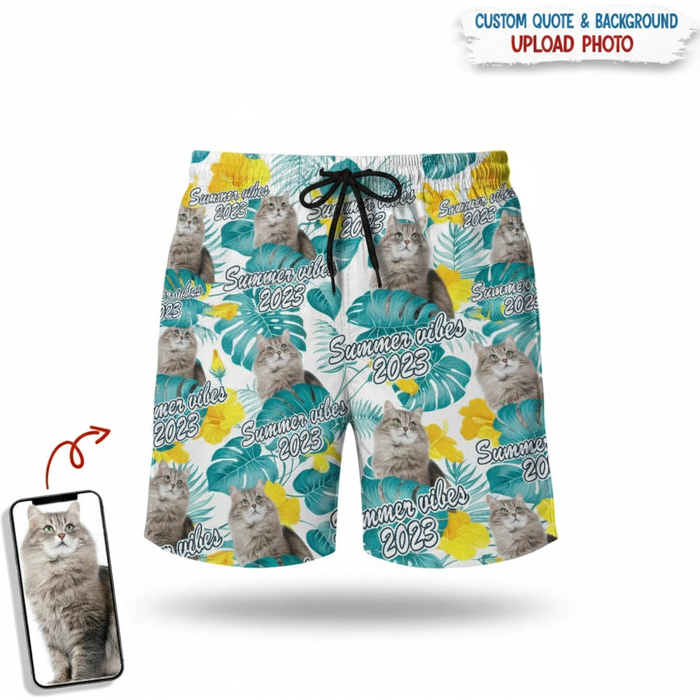Custom Photo Upload Beach Shorts with Tropical Leaves & Flowers product on white background