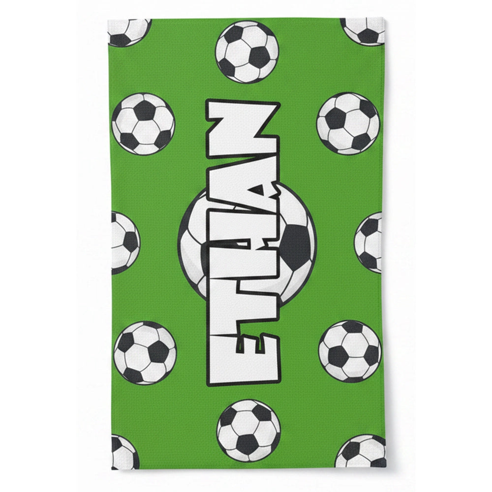 Custom Personalized Beach Towel with Soccer Balls on Green product on white background