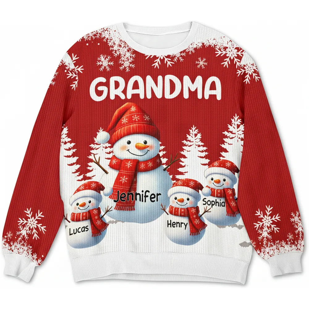 Custom Personalized Sweater with Snowman Family & Snowflakes product on white background