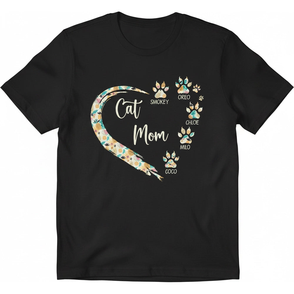 Custom Personalized Cat Mom T-Shirt with Floral Heart & Paw Prints product on white background