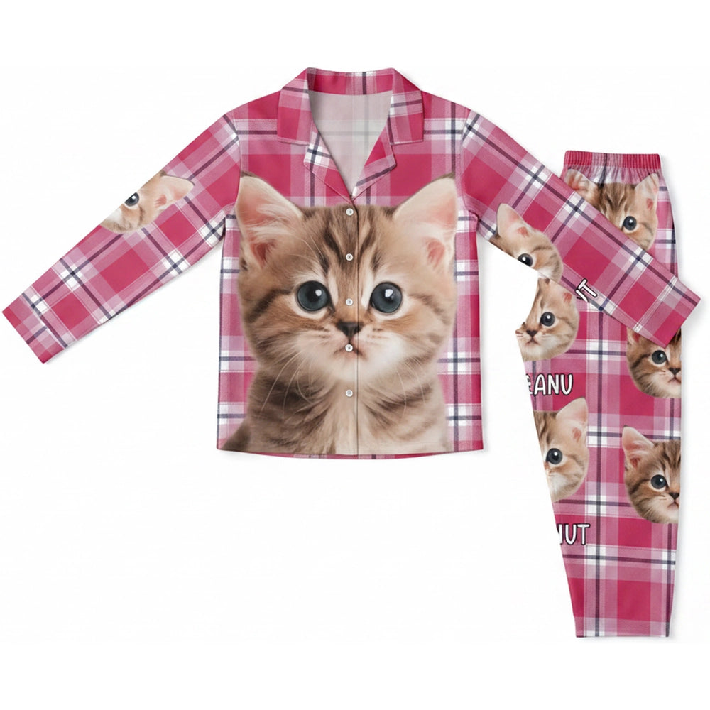 Custom Photo Upload Pajamas with Pink Plaid Pattern product on white background