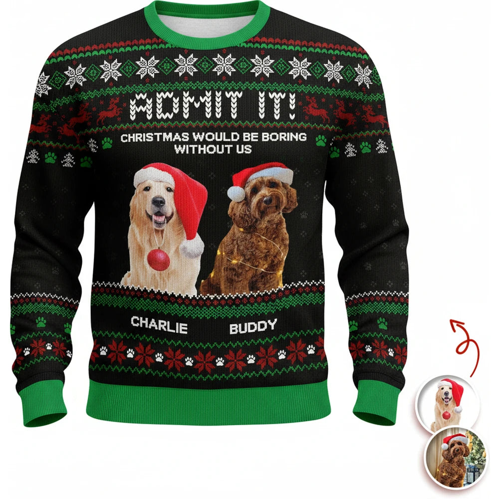 Custom Photo Upload Sweater with Dogs in Santa Hats Ugly Christmas product on white background