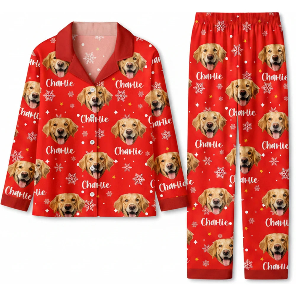 Custom Photo Upload Pajamas with Dog Face & Snowflakes product on white background