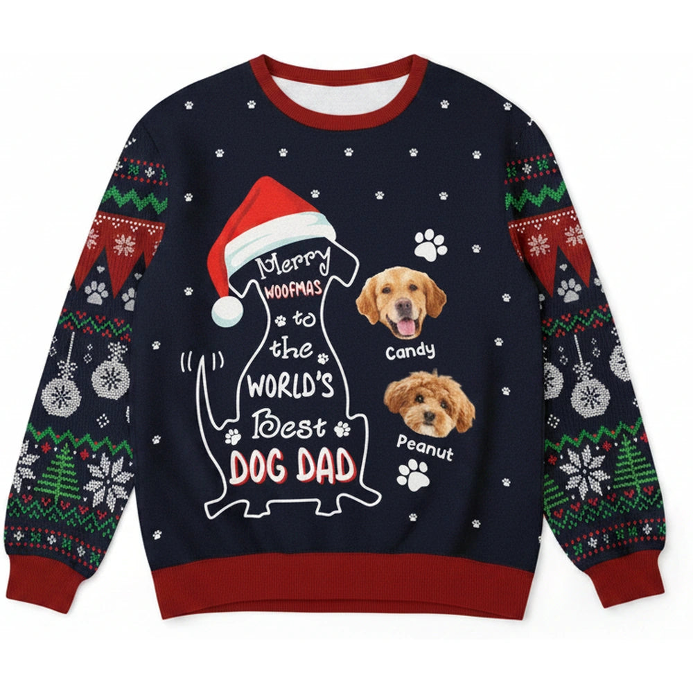 Custom Photo Upload Sweater Merry Woofmas to the World's Best Dog Dad product on white