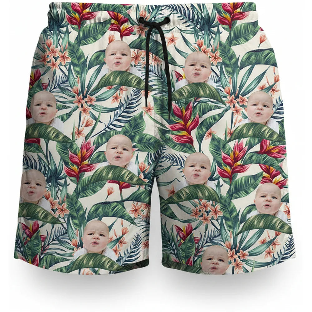 Custom Photo Beach Shorts with Tropical Leaves & Flowers product on white background