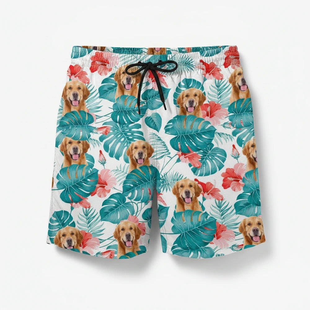 Custom Photo Upload Beach Shorts with Tropical Leaves & Hibiscus product on white background