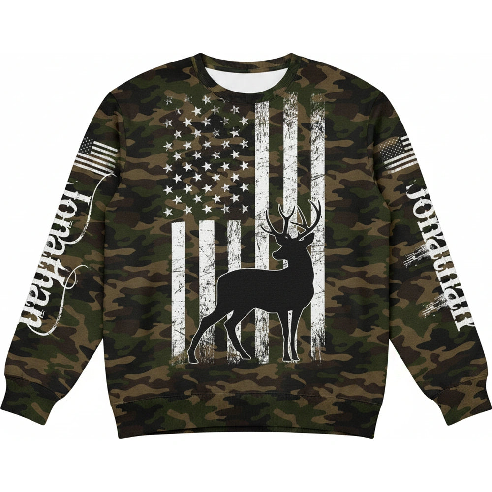 Custom Personalized Sweater with American Flag Deer and Camo product on white background