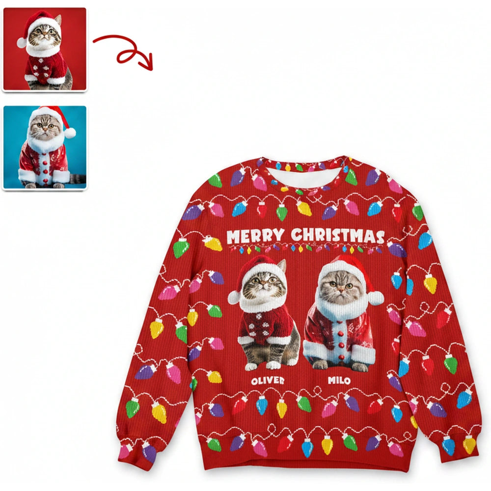 Custom Photo Upload Merry Christmas Sweater with Colorful Lights product on white background