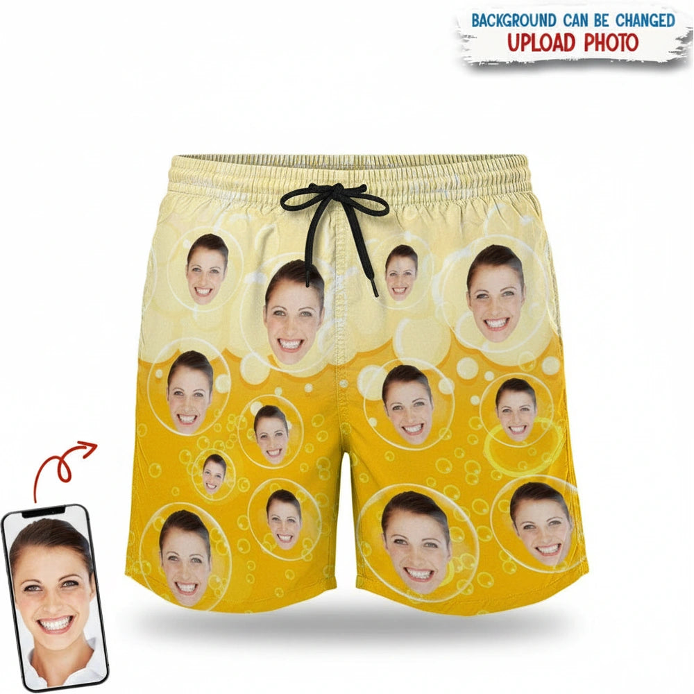 Custom Photo Upload Beach Shorts with Beer Bubble Pattern product on white background