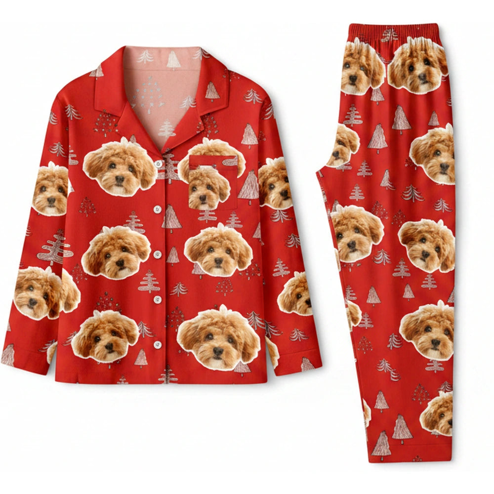 Custom Photo Upload Pajamas with Christmas Trees & Dog Face Print product on white background