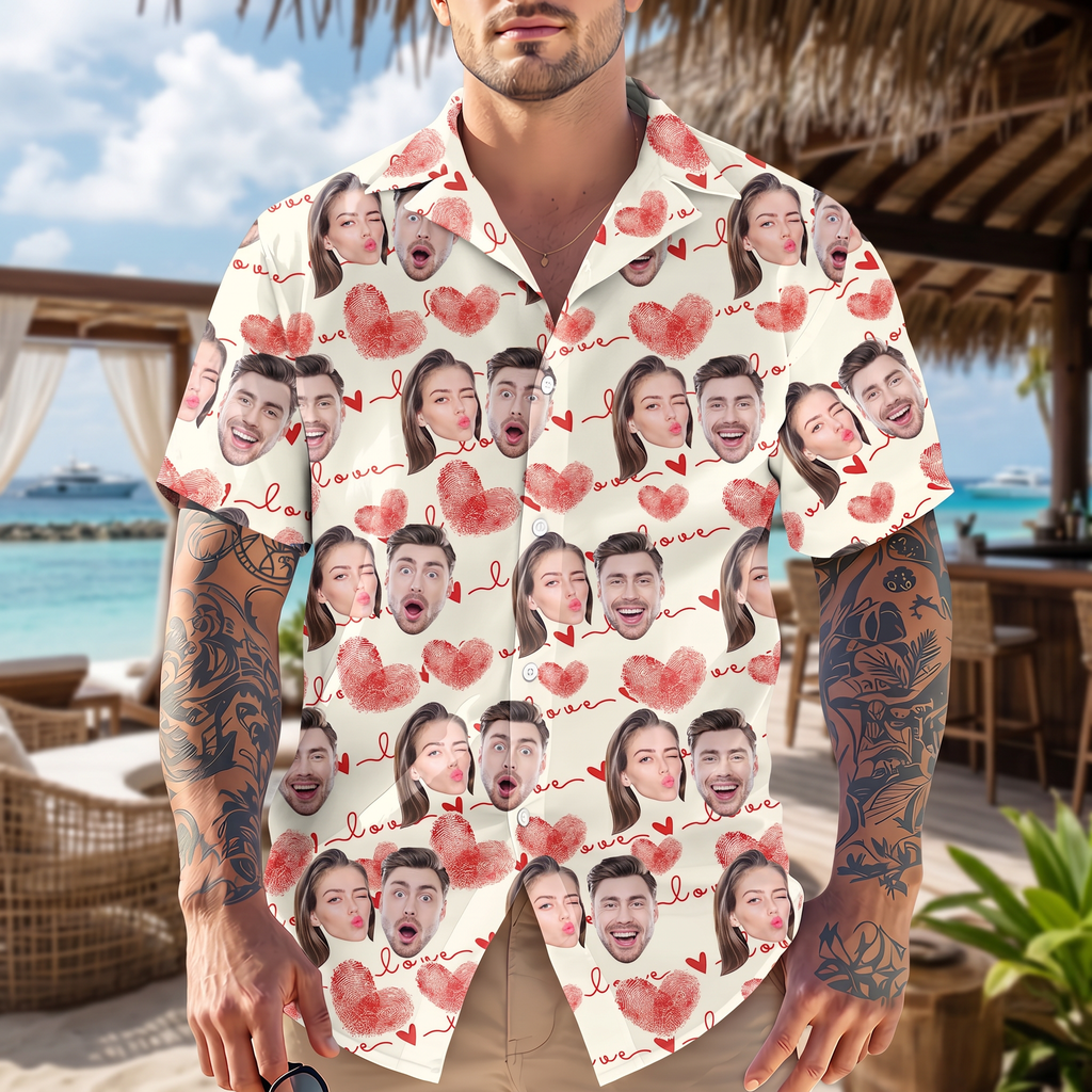 Custom Couple Photo With Heart Pattern Hawaiian Shirt