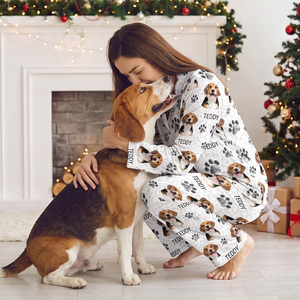 Custom Photo Upload Pajamas with Cat Portraits and Paw Prints 9JSU8