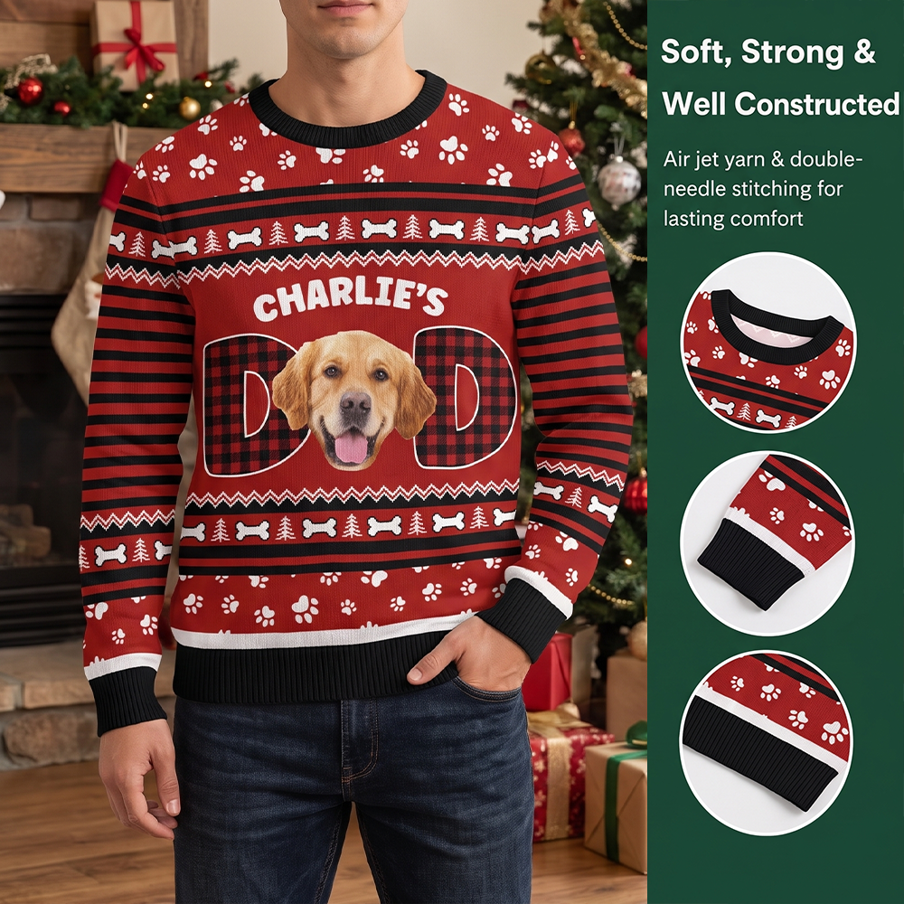 Custom Photo Upload Dog Dad Sweater with Paw Prints & Buffalo Plaid QC624
