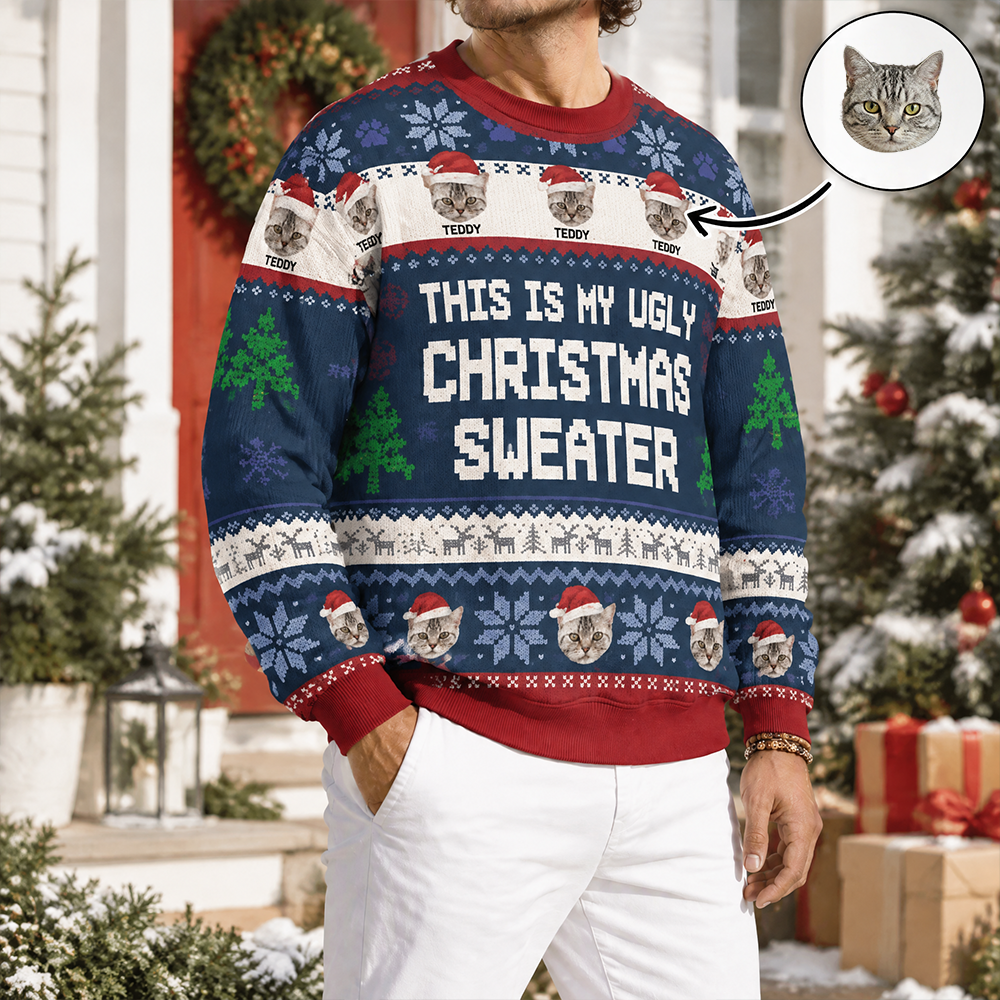 Custom Photo Upload This Is My Ugly Christmas Sweater with Cats U7Z9Q