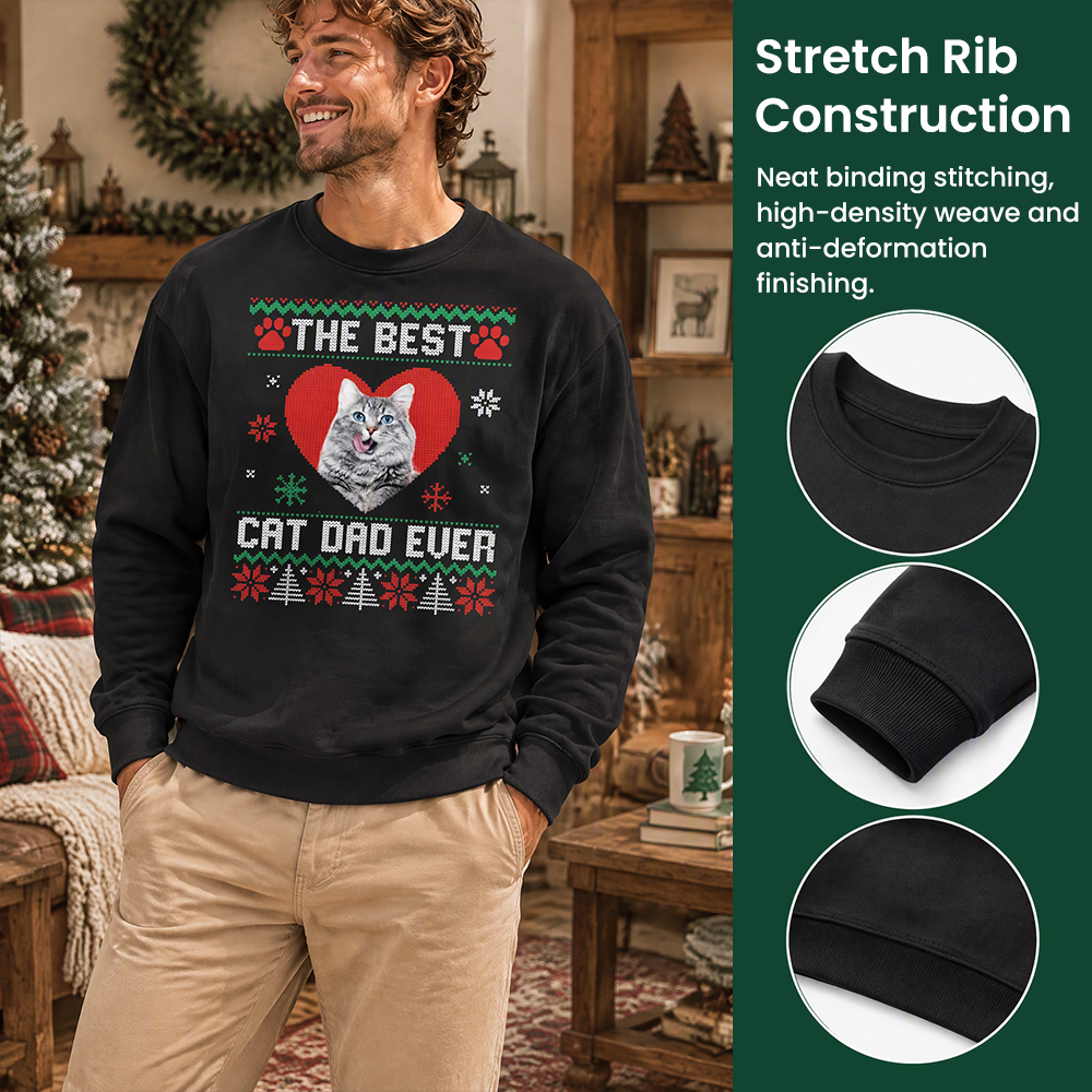 Custom Photo Upload Christmas Sweatshirt The Best Cat Dad Ever 85RSA