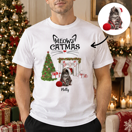 Custom Photo Upload Meowy Catmas T-Shirt with Christmas Tree G0EH5