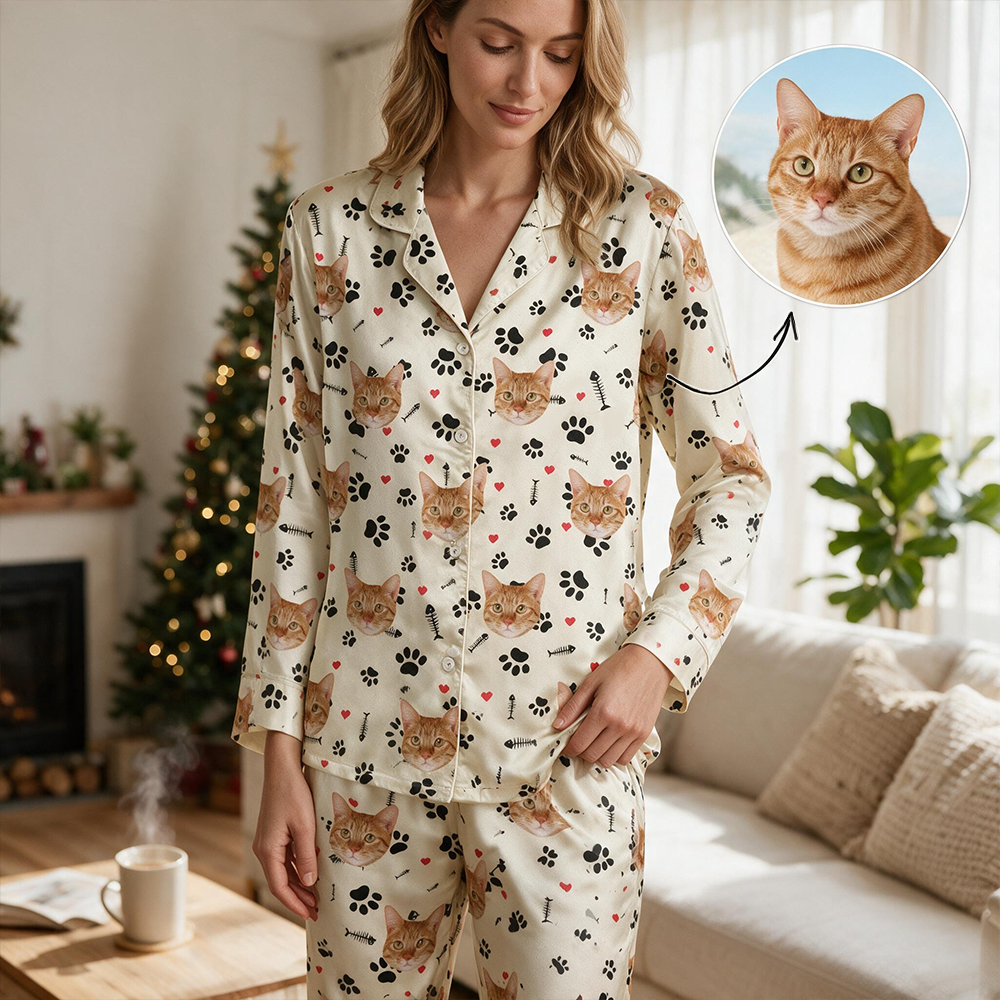 Custom Photo Upload Pajamas with Cat Faces and Paw Prints 3942X