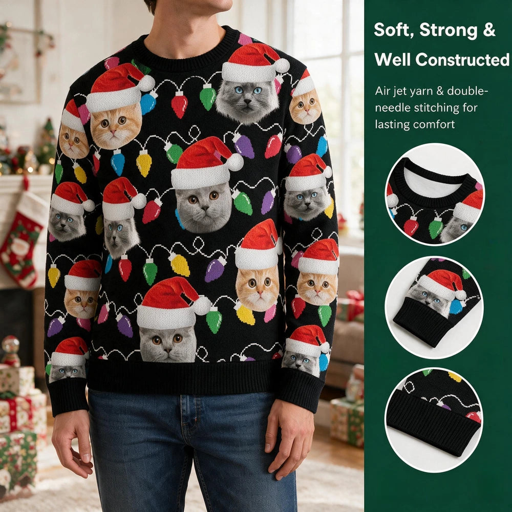 Custom Photo Upload Sweater with Cats in Santa Hats & Christmas Lights TT0TQ