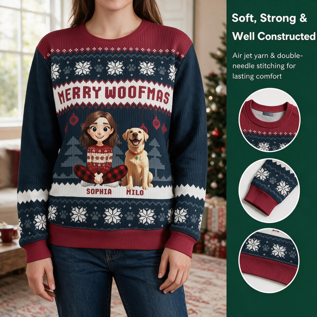 Custom Photo Upload Merry Woofmas Sweater with Snowflakes & Dog WK73A